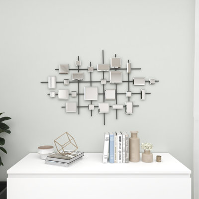Corisande Metal Geometric Black Wall Decor with Square Mirrored Accents