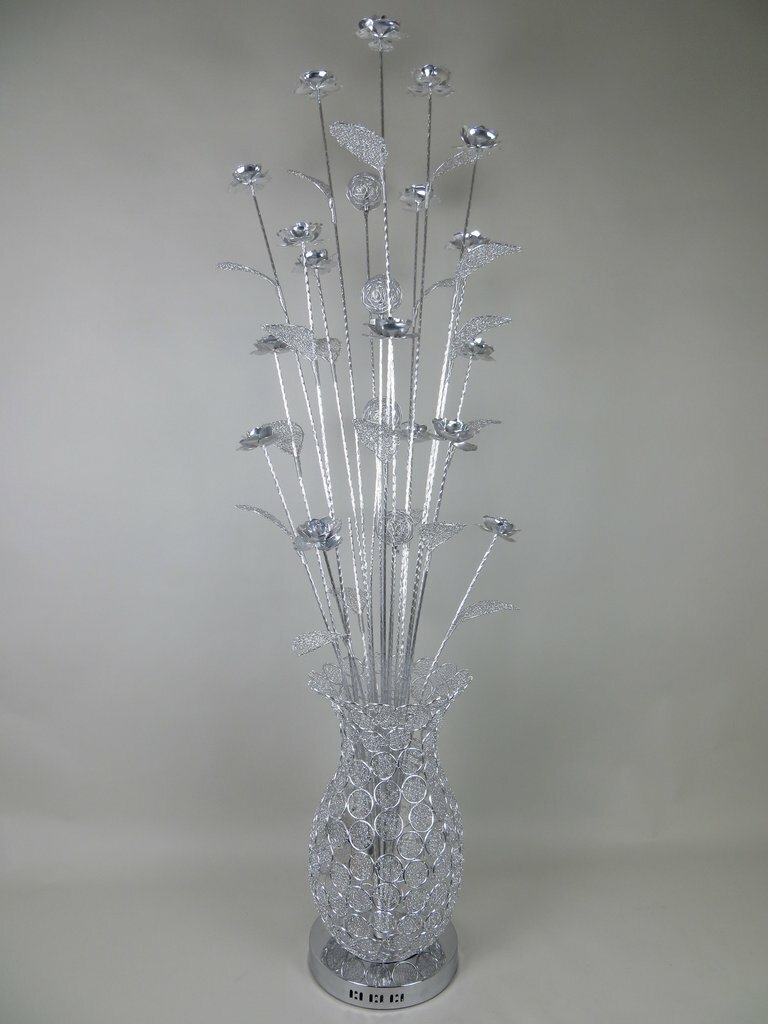 Swirl Twisted Silver Metal Wire Led Floor Lamp White Glass Floral