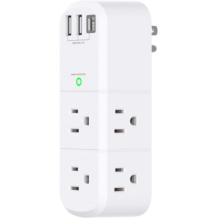 USB Outlet Extender Surge Protector - With Rotating Plug, 6 AC Multi Plug  Outlet And 3 USB Ports (1 USB C), 1800 Joules, 3-Sided Swivel Power Strip  ...
