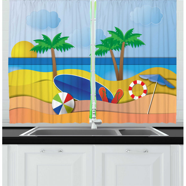 East Urban Home 2 Piece Graphic Beach Paper Cut Art Style Sea View At Summer Surf Board Ball Flip Flops Umbrella Kitchen Curtain Set Wayfair