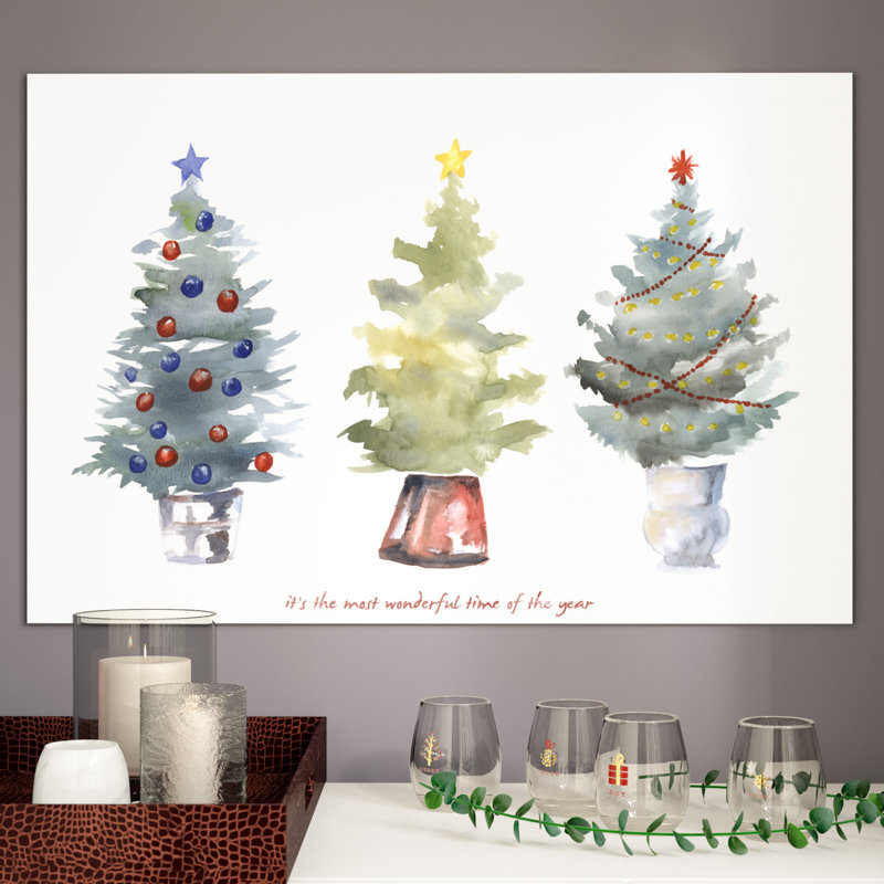 Ivy Bronx Three Christmas Trees Watercolor Painting Print On Canvas Reviews Wayfair