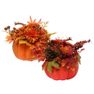Decorative Pumpkin Arrangements with Faux Berries, Leaves, Grouds, Acorns and Sunflowers (Set of 2)