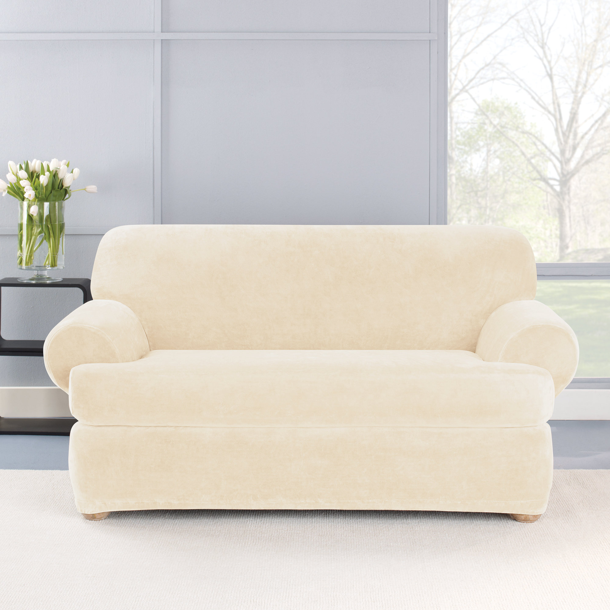 Stretch Plush 2 Piece T Cushion Loveseat Slipcover Set