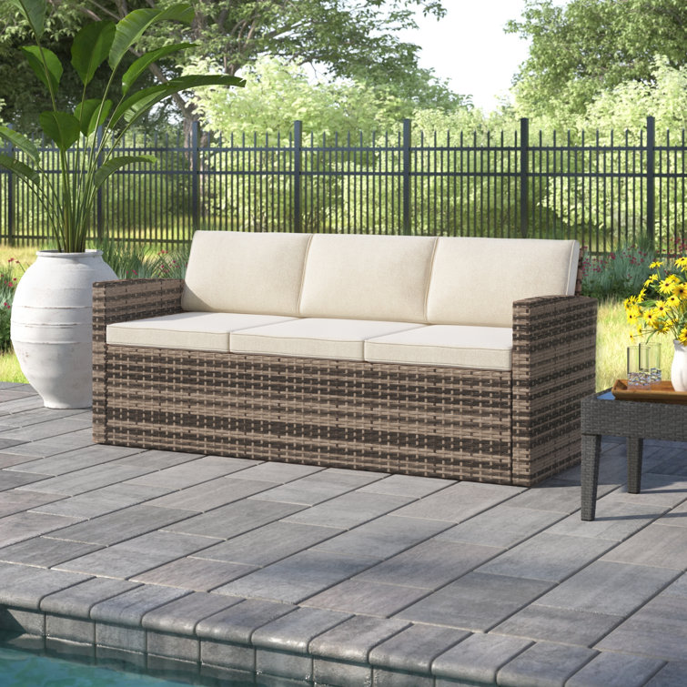Sol 72 Outdoor Silloth 71 5 Wide Outdoor Wicker Patio Sofa With Cushions Reviews Wayfair