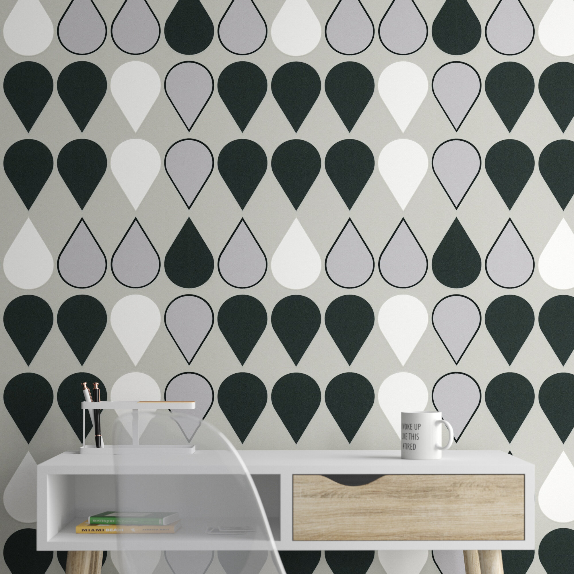 Black White Grey Ceramic Tile Effect Circles Ornament Wallpaper Paste Wall Rasch