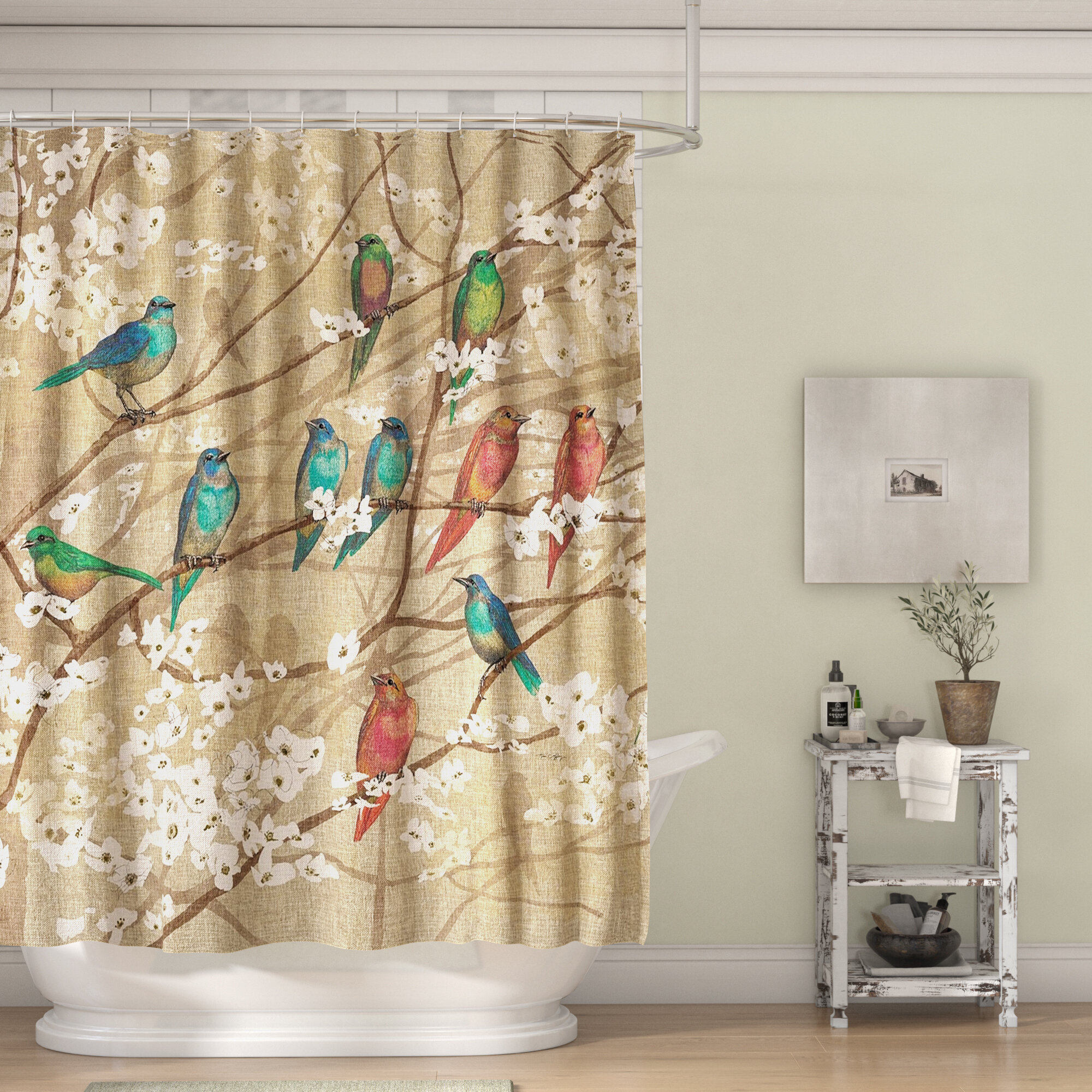 ABAKUHAUS hiboux Rideau de Douche Tissu Ensemble de Décor de Salle de Bain avec Crochets Oiseau sur la Branche Sunny Day Multicolore 175 cm x 200 cm