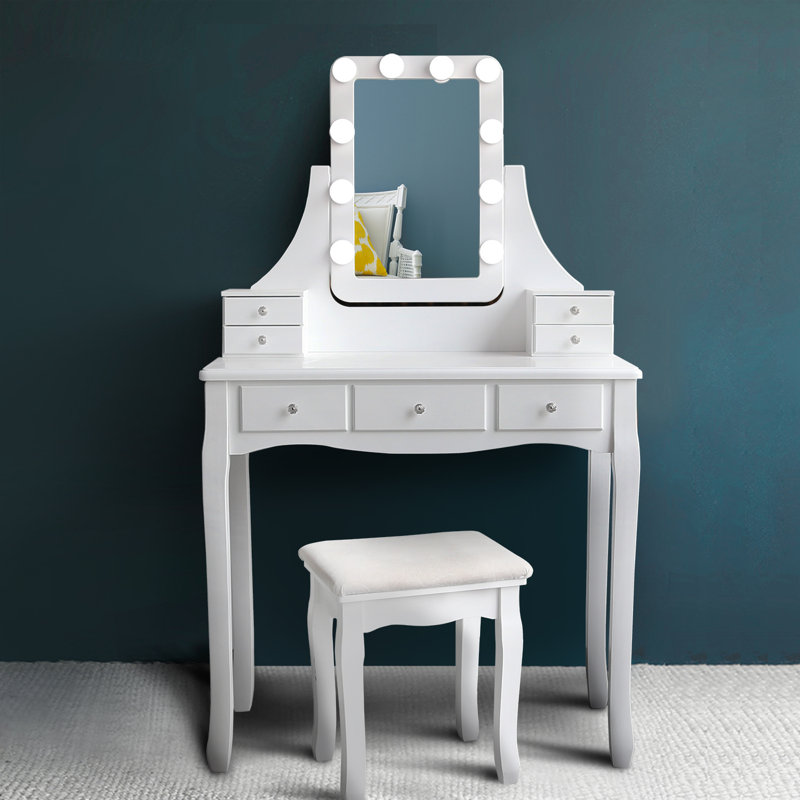 One Allium Way Wood Vanity Table With Square Lighted Mirror Wayfair Ca