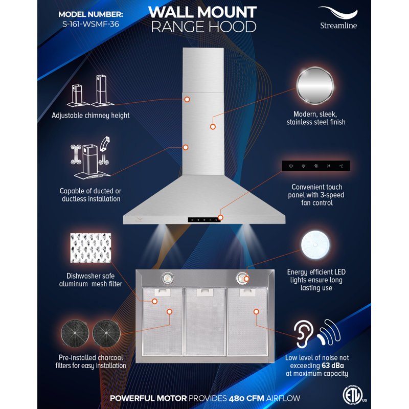 Streamlinebath 36 Streamline 480 Cfm Convertible Wall Mount Range Hood Wayfair