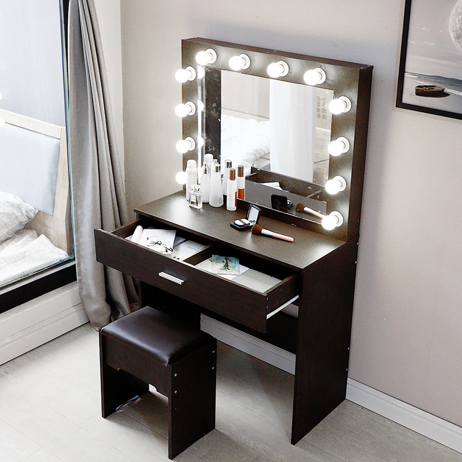 Details about   White Dressing Table LED Mirror & Stool Set Bedroom Makeup Desk Modern Furniture