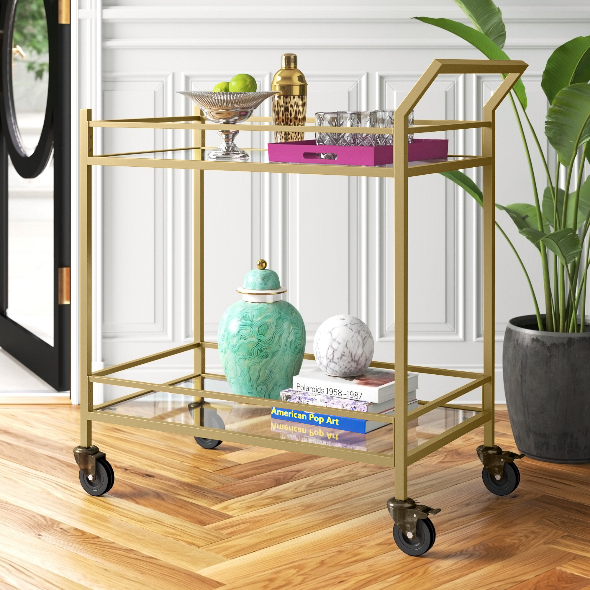 Gold Finish Matte Metal Frame Contemporary Modern Indoor Outdoor Industrial Iron And Glass Bar Cart Locking Caster Wheels Bar Cart