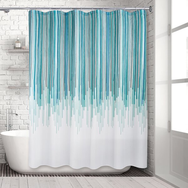 White Concise Chevron Pattern Polyester Waterproof Shower Curtain with 12 Hooks