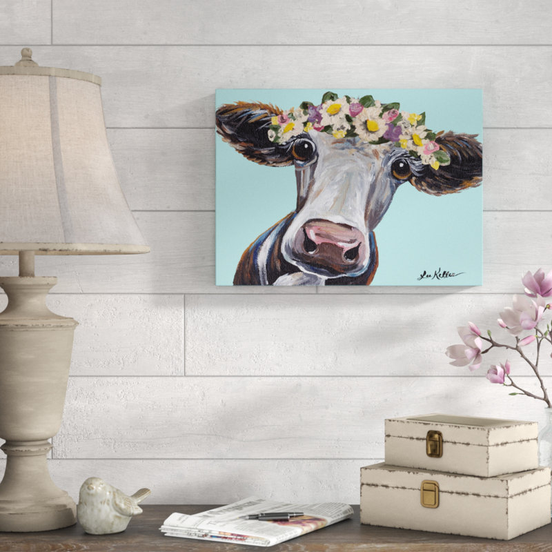 August Grove Cow Cora Flower Crown Blue Acrylic Painting Print