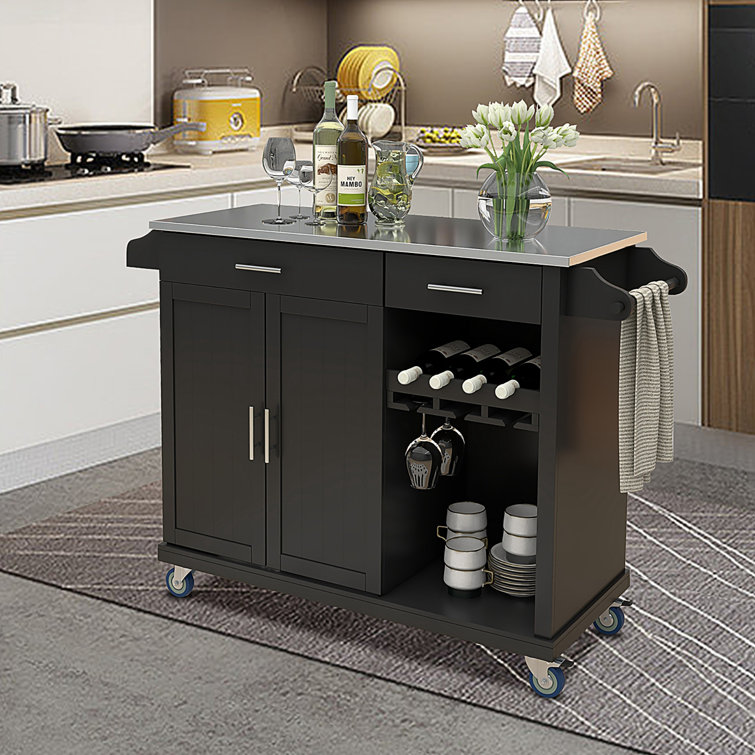 Kitchen Cart With Stainless Steel Top And Storage Cabinet, Kitchen Island  On Wheels With Two Drawers & Goblet Holder & Wine Rack & Spice Rack & Towel  ...