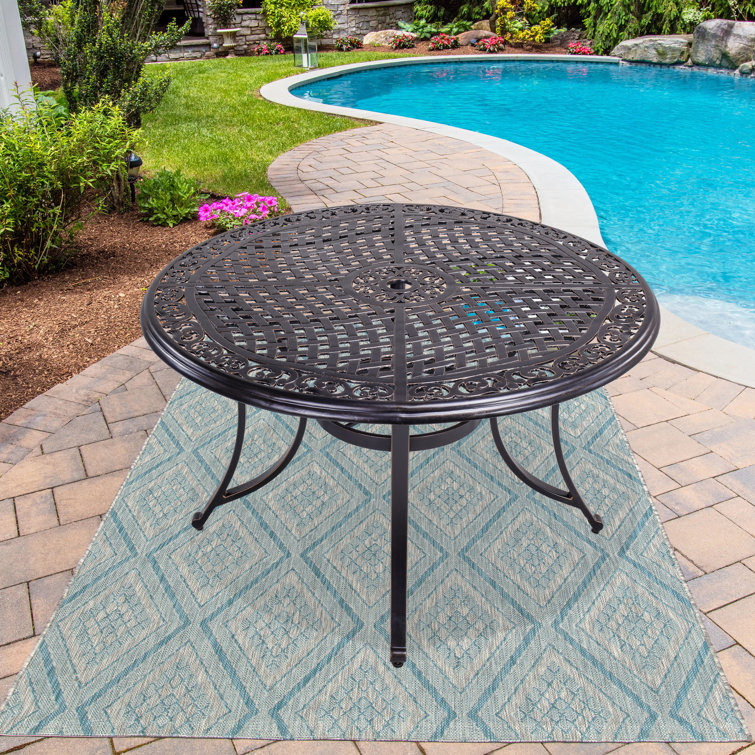 Fleur De Lis Living 48 Round Patio Dining Table With Umbrella Hole Aluminum Top Outdoor Furniture Wayfair
