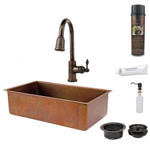 Premier Copper Products Hammered Single Basin Kitchen Sink with ORB Pull Down Faucet, Drain and Accessories