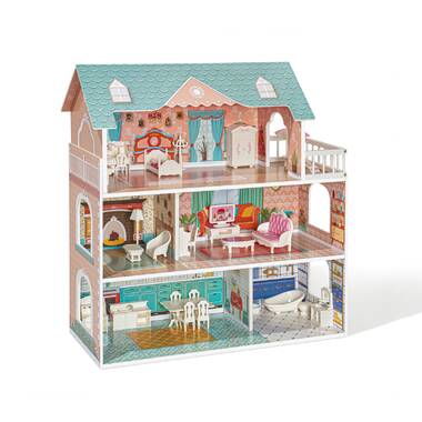H New Kids Wooden Fantasy Doll House Three Floor Mansion With Furniture 90cm 
