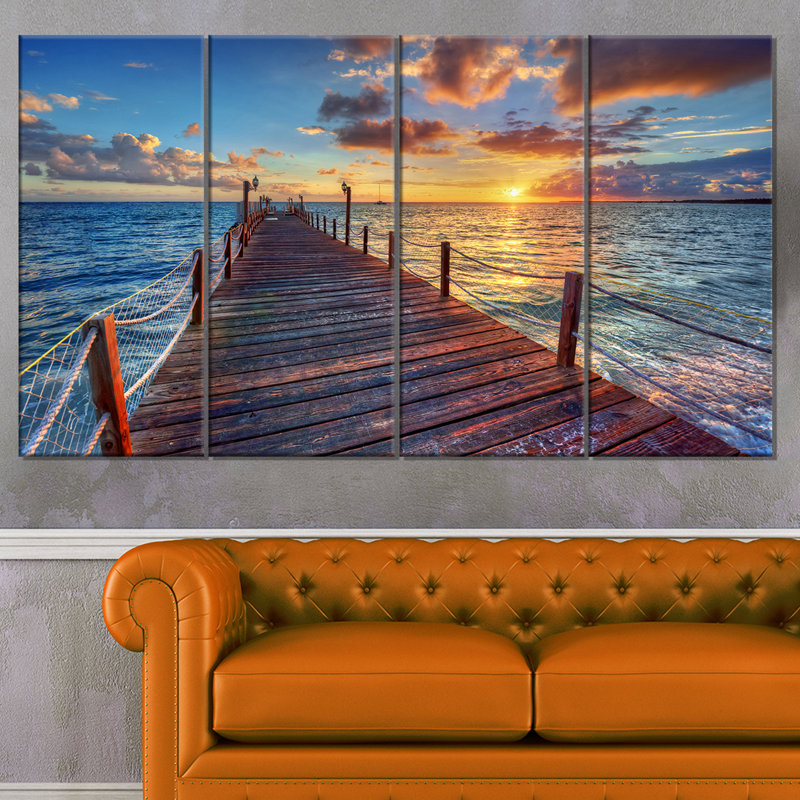 Beautiful Sunset Over Sea Pier 4 Piece Photographic Print On Wrapped Canvas Set