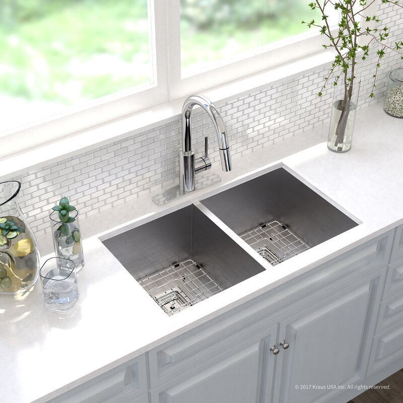 Stainless Steel Faucet Doble Sink pax zero radius 16 gauge stainless steel 31 5 x 18 5 double basin undermount kitchen sink with faucet birch lane