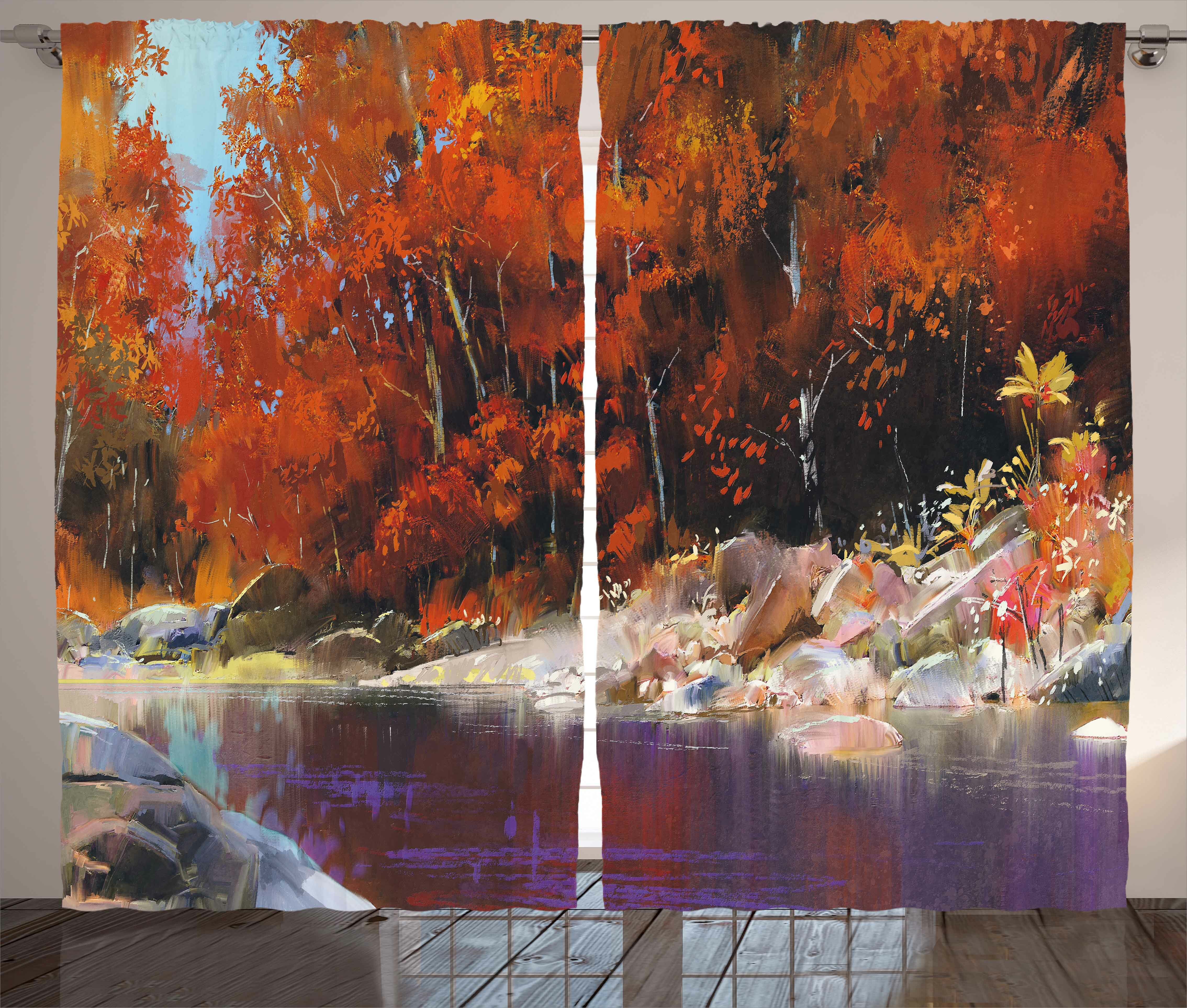 East Urban Home Nature River With Rocks Autumn Forest Peaceful Artistic Paint Of Scenic Woods Art Graphic Print Text Semi Sheer Rod Pocket Curtain Panels Wayfair