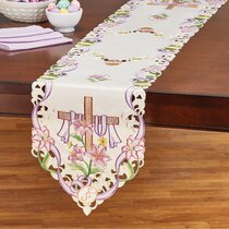 Beauty Decor Polyester Fabric Easter Day Natural Rectangle Lace Table Runners Lily Blossom Vivid Color 13x90inch