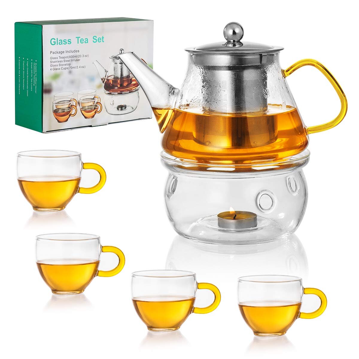 New Glass Teapot with Stainless Steel Infuser Filter Loose Leaf Teas 600ml 