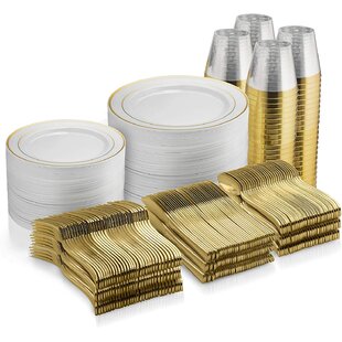 10 Inch., Gold Solid Color Disposable Plates 100 Count Exquisite Plastic Dessert/Salad Plates 