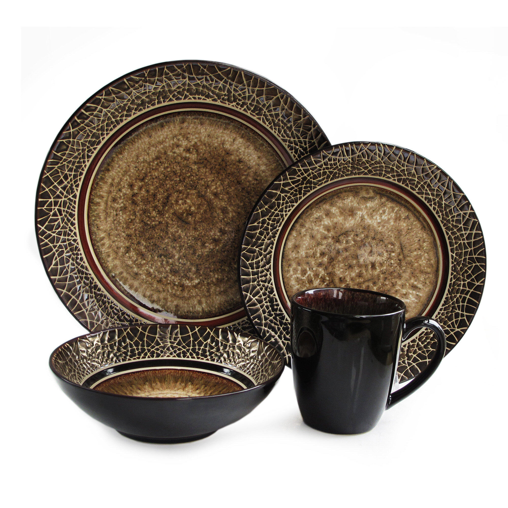 Gibson Taupe Tequesta 16pc Square Glazed Stoneware Dinnerware Dish Mug Set for 4