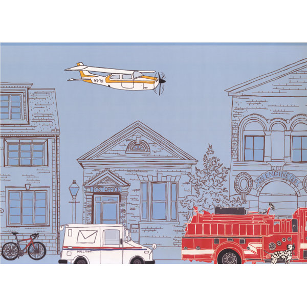 York Wallcoverings Industrial City Cartoon View Plane Post Office