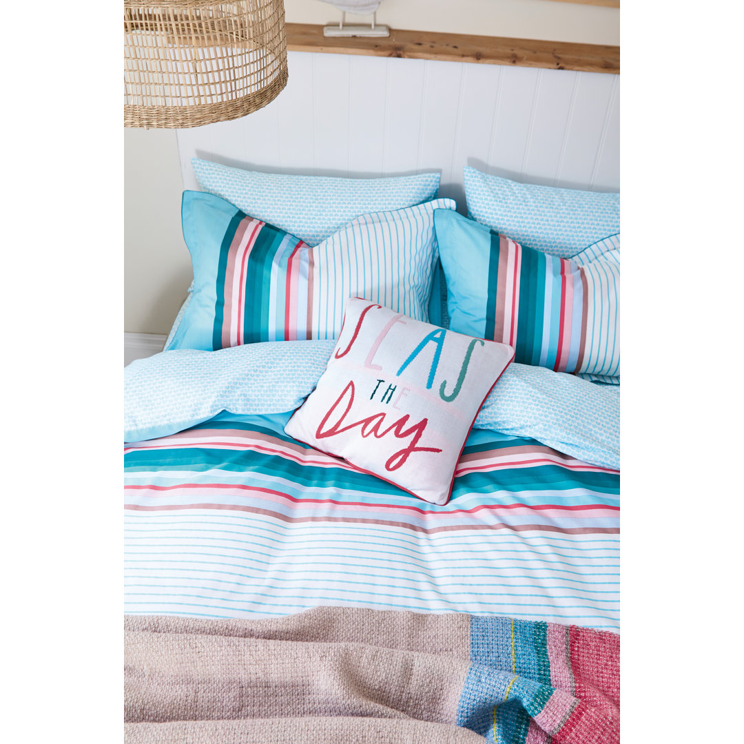 Coastal Border Stripe 180 Thread Count Cotton Percale Fitted Sheet Aqua blue