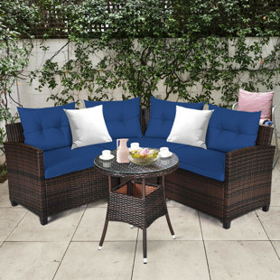 4pcs Patio Furniture Set Outdoor Rattan Sectional Sofa Set W/ Turquoise Cushions