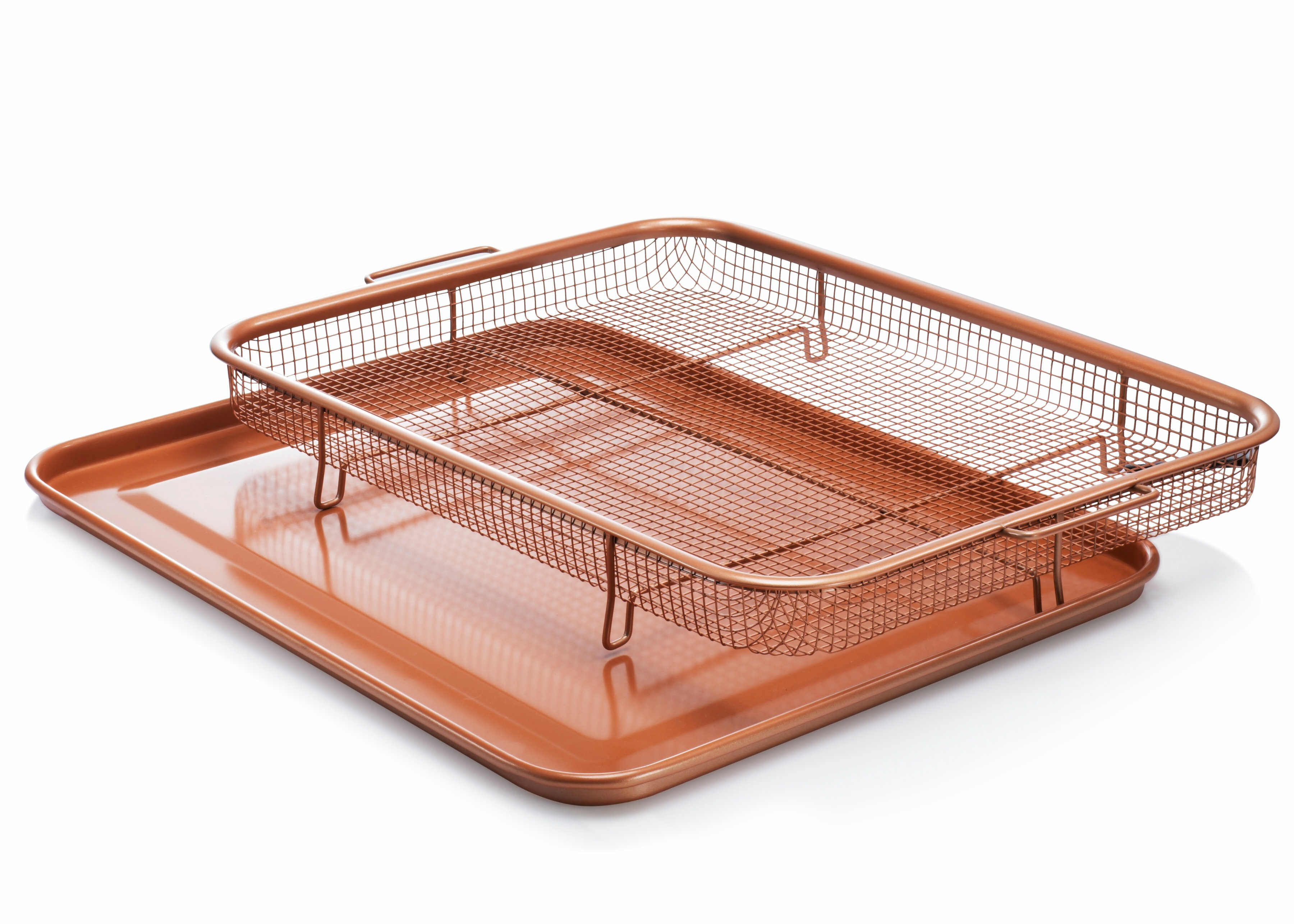 Copper Crisper Tray Pan Stainless Steel w/Basket Air Fryer in Oven Nonstick New 