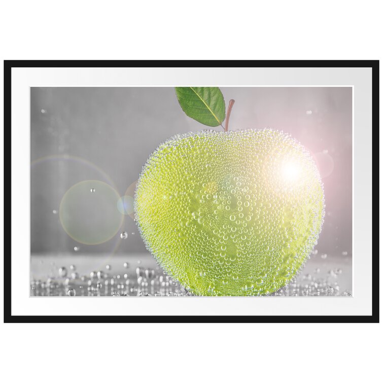 Grüner saftiger Apfel mit Wasserperlen Leinwandbild Wanddeko Kunstdruck 