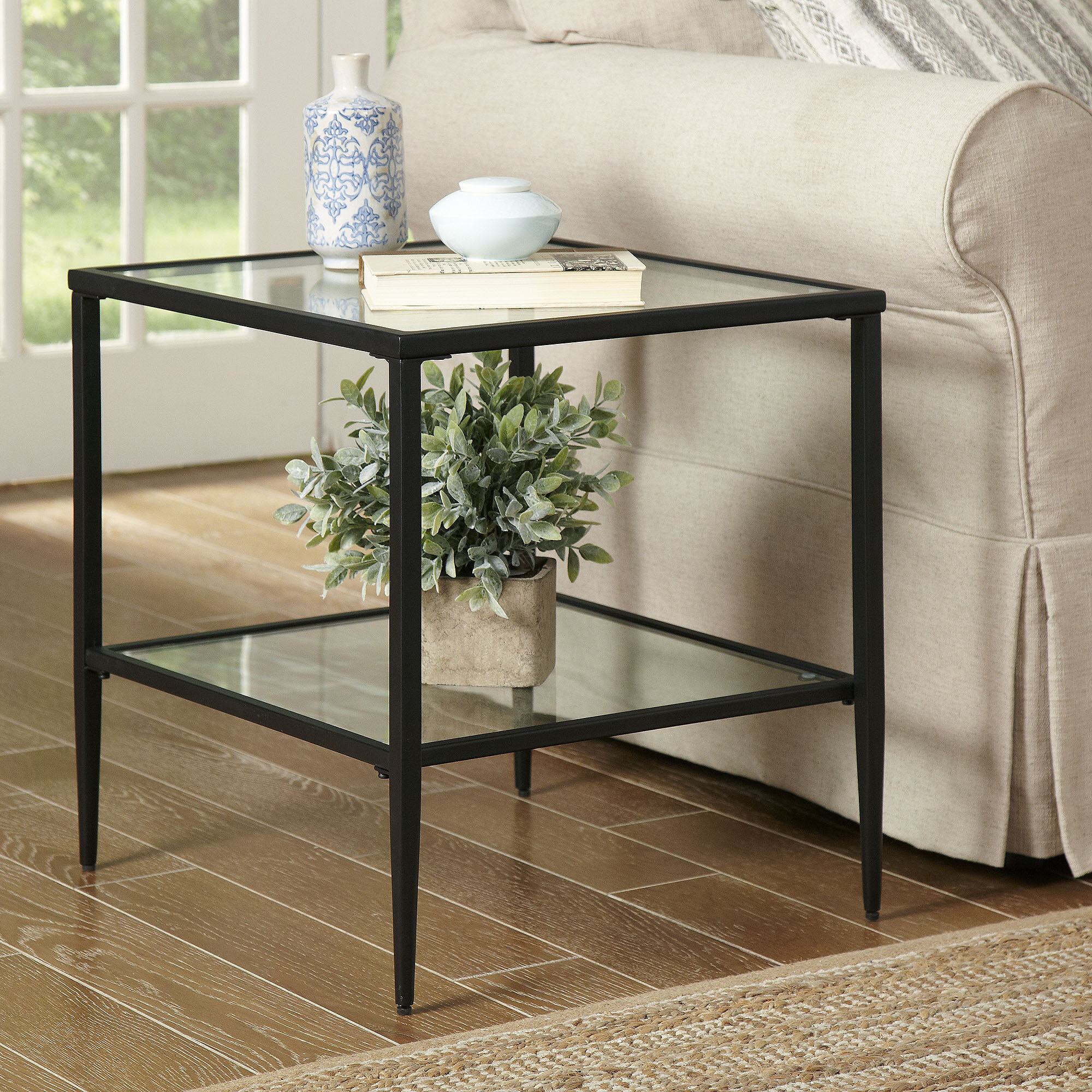 2 Tier Square Rectangle Chrome Legs Dual Shelves Side Table