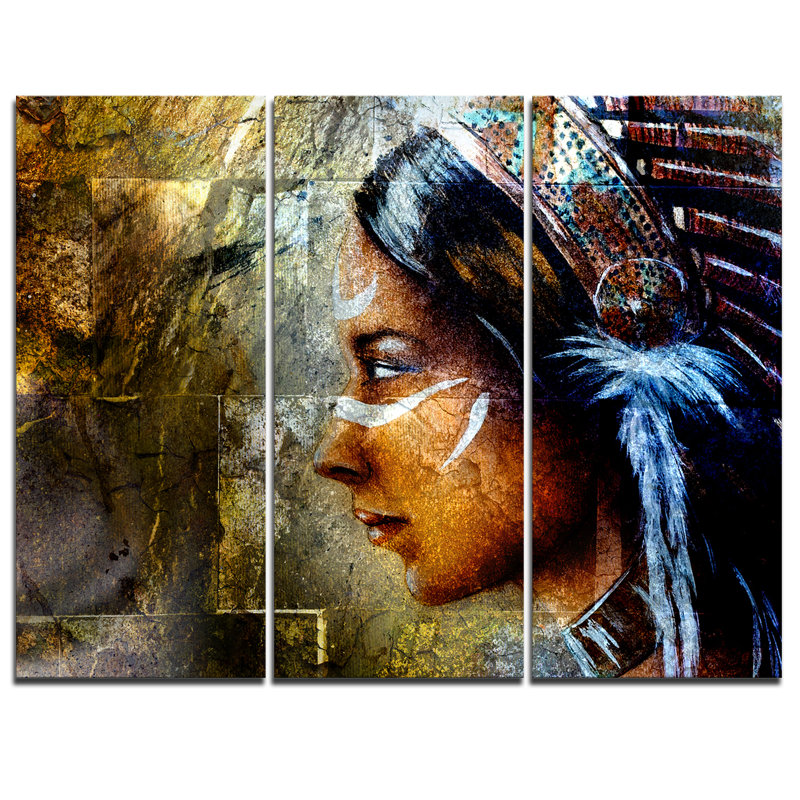 Designart Indian Woman With Headdress 3 Piece Graphic Art On