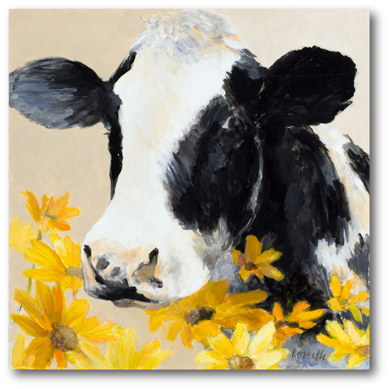 August Grove Cow Yellow Wild Flower Wrapped Canvas Graphic Art