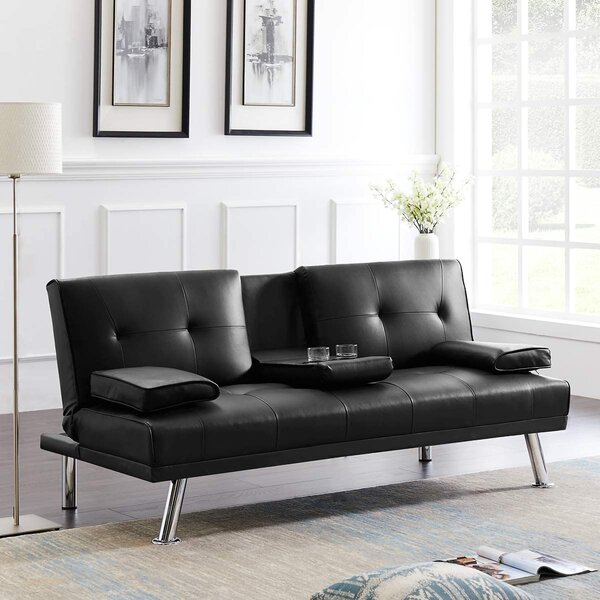 Memory Foam Futon Sofa Bed Faux Leather Pillow Top Couch Seat with Cup Holder 