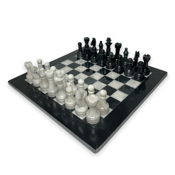 Black Vinyl Board Miniature Chess Set 32 Black & White Mini Chess Pieces 