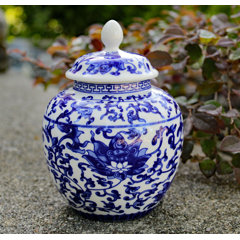 Handmade Temple Seagrass Motif Jar Blue Porcelain Handcrafted Outdoor Use Waterproof