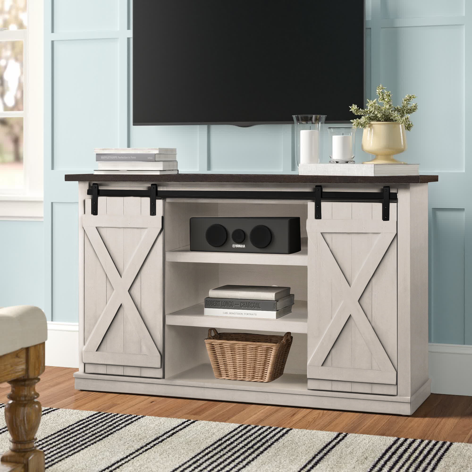 BOWERY HILL Wood Wall Mounted Floating Shelf 60 TV Stand Console in Distressed Gray 