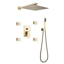Bilu-hose Bathroom Luxury Brass Brushed Gold 10 Inch Wall Mount Rainfall Shower System Mixer With Body Jets Set 