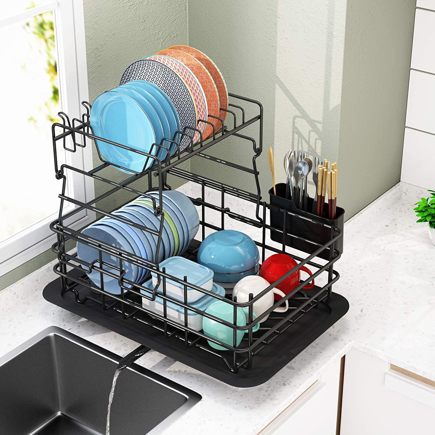 Stainless Steel Rustproof 2 Tier Dish Rack with Adjustable Pot Lid organizer Black Dish Drying Rack with Pot Holder Silverware Tray Glass Holder for Kitchen Counter