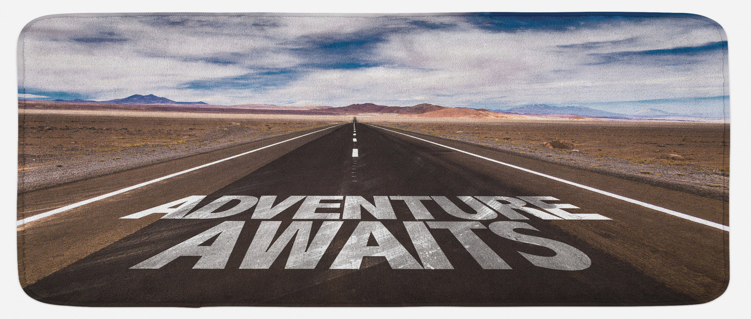 East Urban Home Adventure Awaits Written On The Asphalt With Clouds And Sky  Road Trip Theme Brown Blue White Kitchen Mat | Wayfair