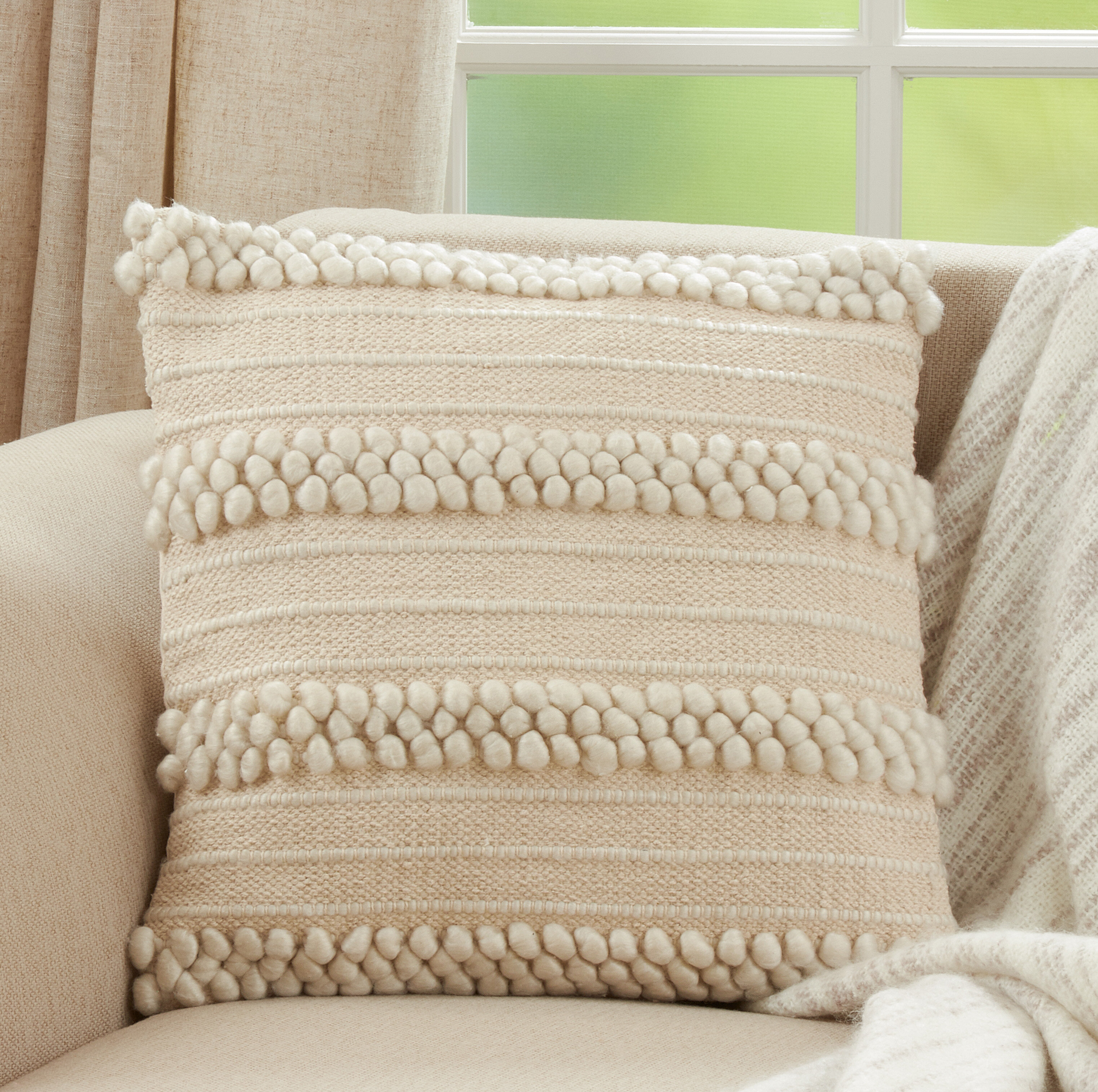 18 Down SARO LIFESTYLE Haniyah Collection Pom Striped Throw Pillow with Down Filling Ivory 