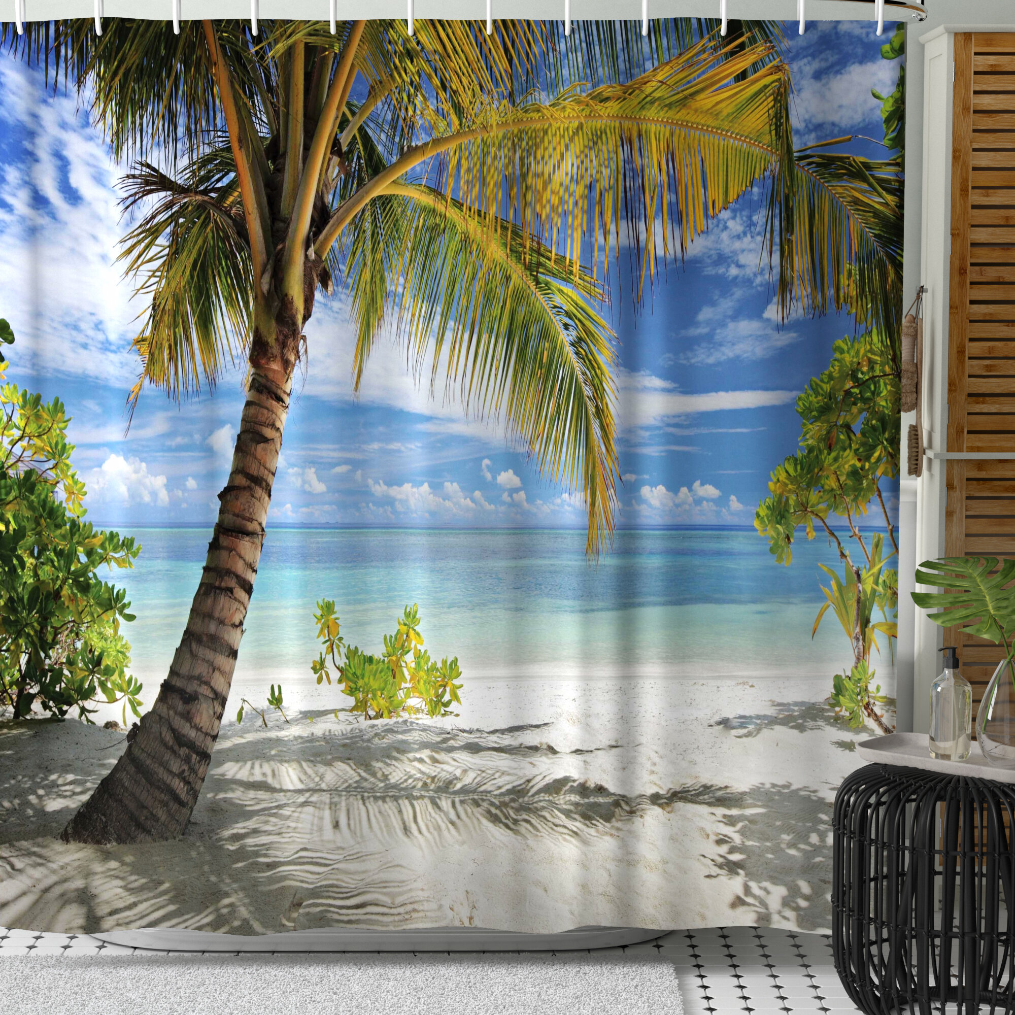Ocean Decor Palm Tree Tropical Island Beach Paradise Scene Fabric Shower Curtain 
