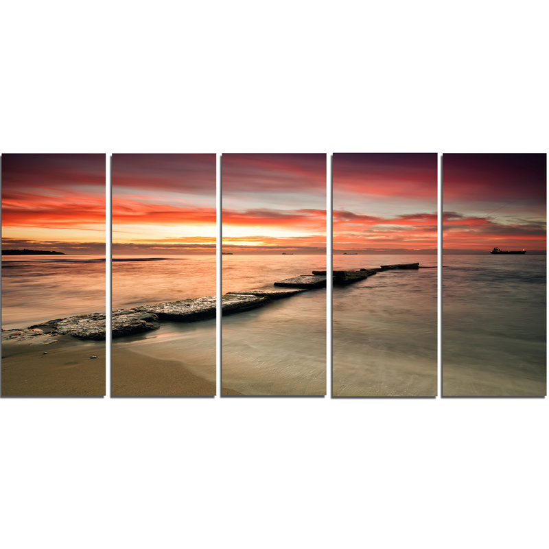 Designart Wonderful Sunrise On Black Ocean 5 Piece Painting Print On Wrapped Canvas Set Wayfair