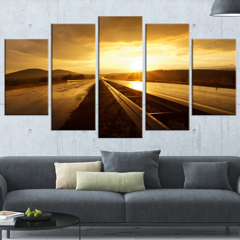 Wet After Rain Road At Sunset 5 Piece Wall Art On Wrapped Canvas Set
