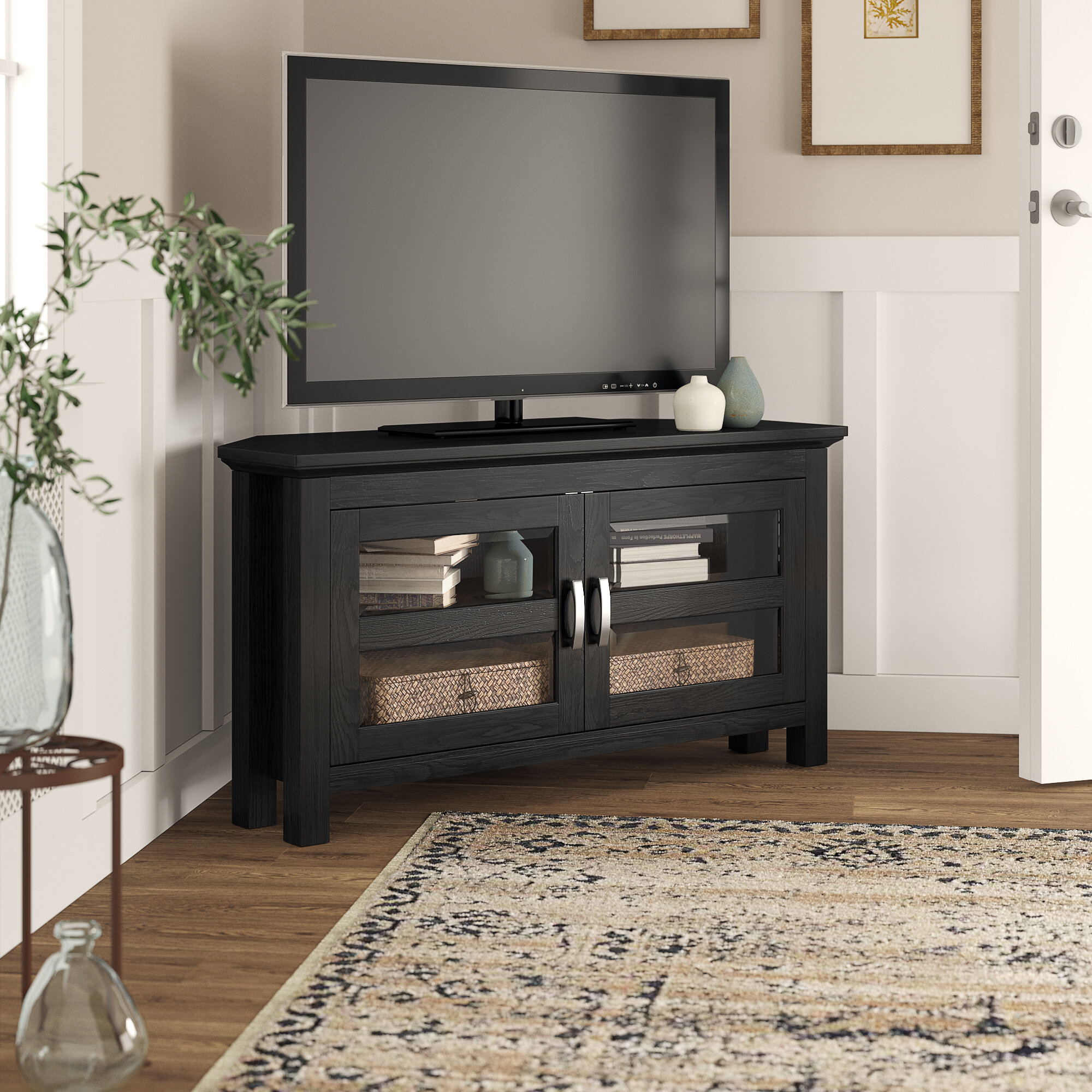 Details about   Dark Modern Tv Stand Solid Wood Entertainment Center Home 50 inch Large Screen 