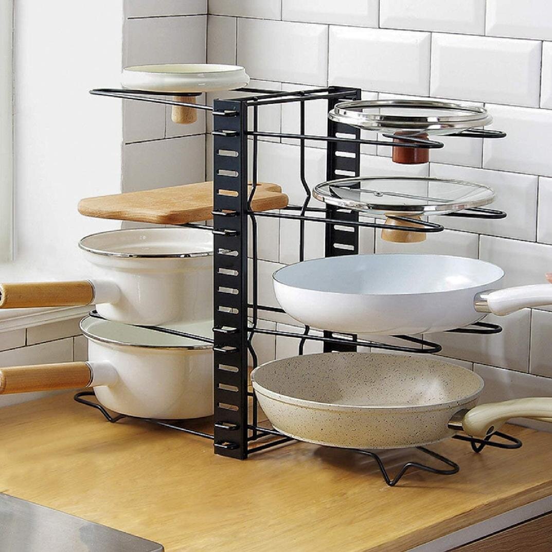 Kitchen Cabinet 5 Adjustable Compartments Pan and Pot Lid Organizer Rack Holder, 