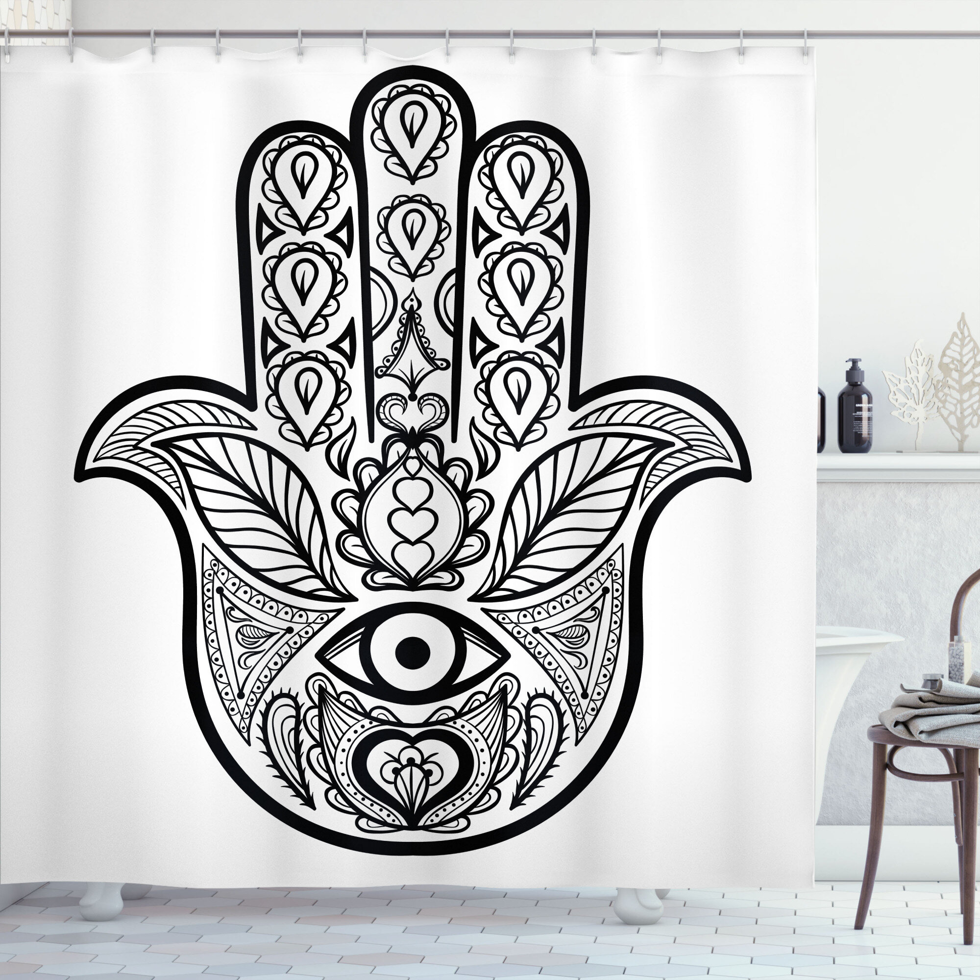 India Hamsa Mandala Flower Pattern Shower Curtain Bathroom Mat Waterproof Fabric 