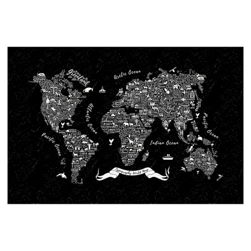 Typography World Map in Black 3.2m x 4.8m Textured Matt Peel & Stick Wall Mural East Urban Home